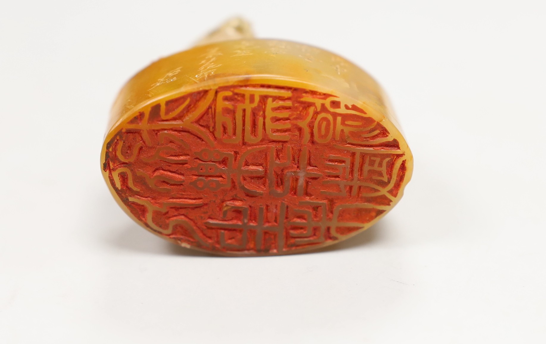 Two Chinese soapstone inscribed seals, 12cm